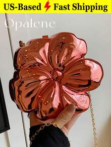 Elegant Mini Flower Shaped Metallic Evening Bag For Women Chain Red Purse Y2k Travel Shoulder Crossbody Bag Outdoor Beach Handbag For Wedding Prom - 紅色 - 查看 1
