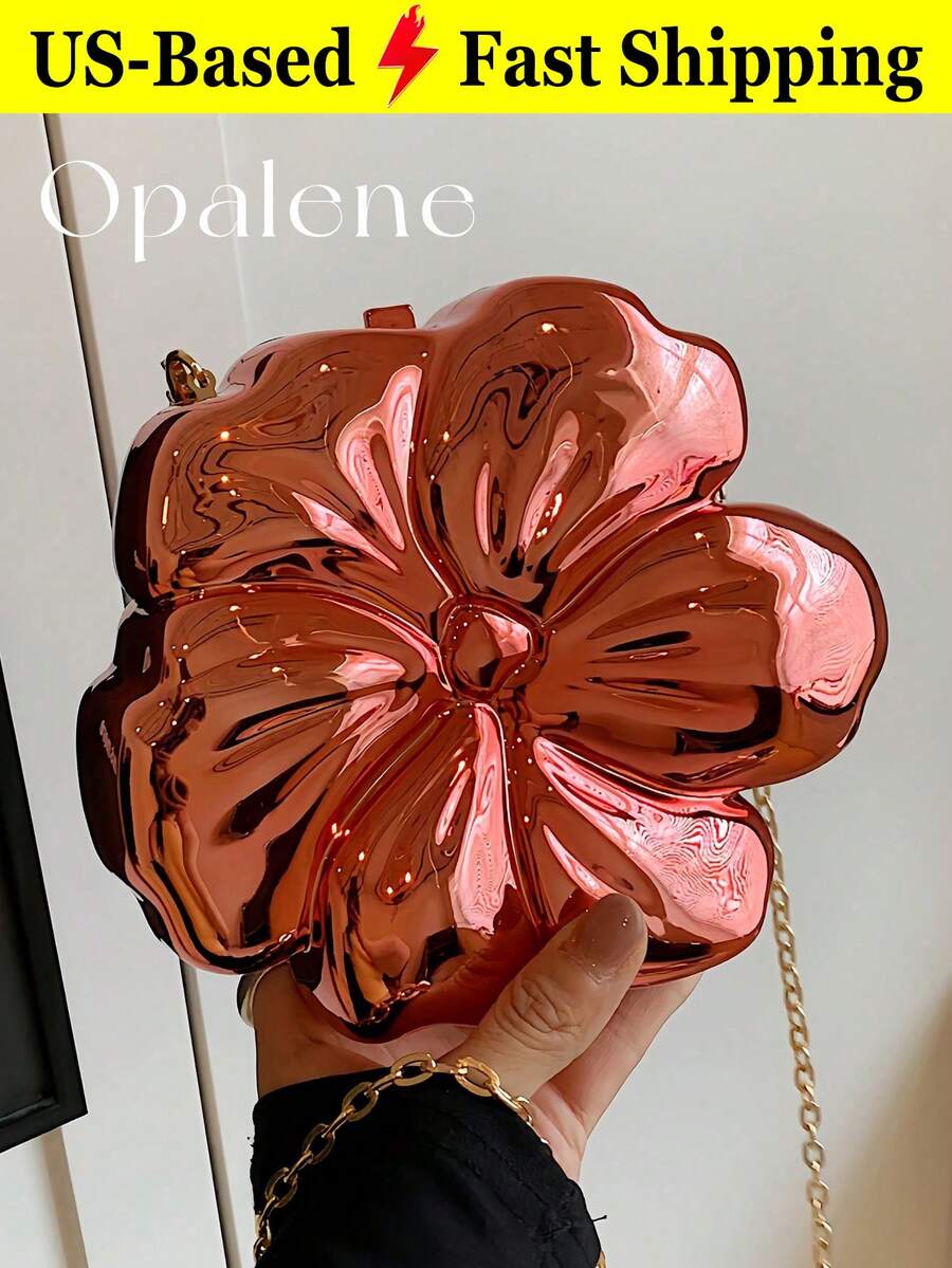 Elegant Mini Flower Shaped Metallic Evening Bag For Women Chain Red Purse Y2k Travel Shoulder Crossbody Bag Outdoor Beach Handbag For Wedding Prom - 紅色 - 查看 1