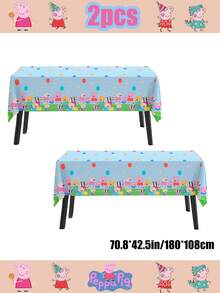 Mantel desechable con estampado de grupo de Peppa Pig sobre base azul, diseño de borde con globos punteados combinado con material PE impermeable. Disponible en opciones de juego de varias piezas, tela a prueba de aceite y fácil de desechar, perfecta para la decoración de mesas de fiestas temáticas y banquetes - Multicolor - Ver 3