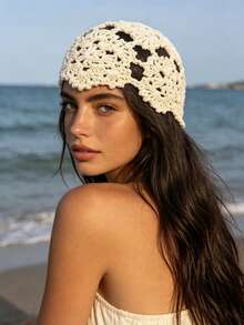 1 pièce Chapeau de soleil en tricot ajouré, couleur unie élégante et décontractée avec perles et franges, pour la plage - Multicolore - Voir 8