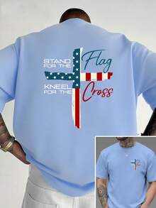 Defiéndete de la bandera, arrodíllate ante la cruz, nueva camiseta de cuello redondo para hombre con estampado de doble cara, top holgado de moda casual y deportiva, de manga corta para estu - Blanco - Ver 8