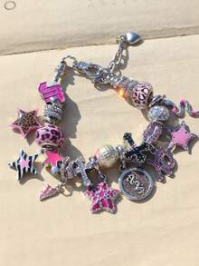 1 pieza Pulsera con dije de corazón y cruz con estampado de leopardo rosa, Pulsera de estrella con estampado de leopardo para niñas, Pulsera de amistad de estrella fucsia para niñas, Pulsera DIY de cruz oscura - Plateado - Ver 8