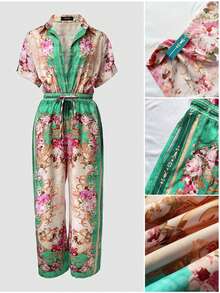 ChicMe Women's Vintage Floral Print Collared Rolled Sleeve Button Front Drawstring Wide Leg Vacation Jumpsuit - Green - View 11