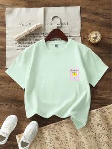 Kaos Pullover Lengan Pendek Leher Bulat Motif Grafis Lucu Kasual untuk Anak Perempuan Remaja Musim Panas - Mint Green - View 6