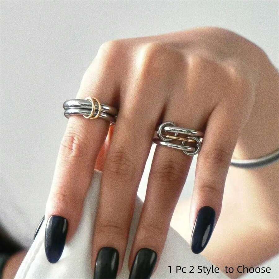 VKHK 1pc 18K Gold Plated Stainless Steel Multilayer Circle Link Ring, Creative INS Style Suitable For Women/Couple Everyday & Wedding Wear, Gift - Multicolor - View 1