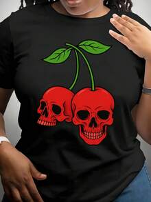 Camiseta de manga corta para mujer con diseño de calavera y cereza, ropa casual de longitud regular, 100% algodón, camiseta de manga corta para primavera/verano. - Negro - Ver 2