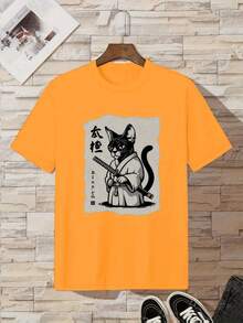 Cotton T-Shirt For Boys Cat Samurai - Orange - View 1