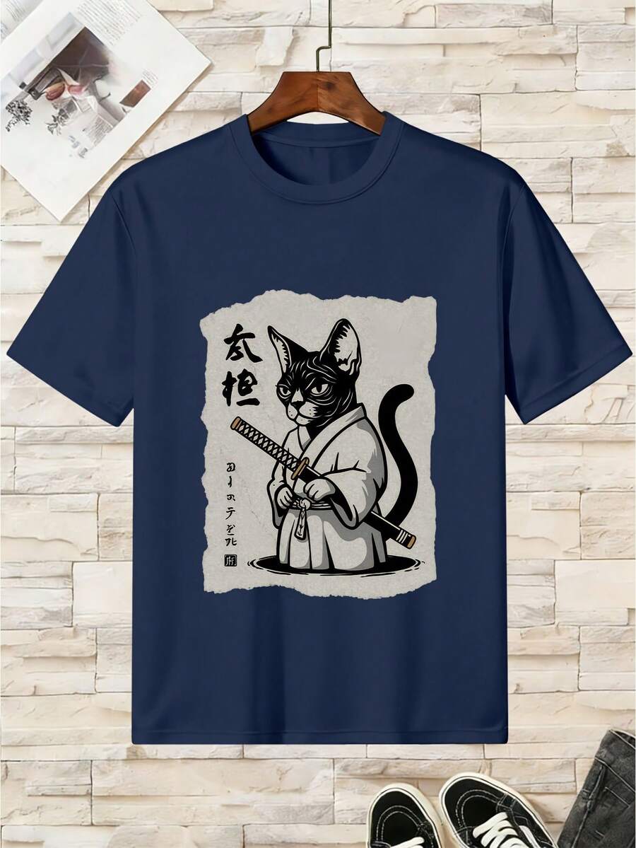 Camiseta de algodón para niño Cat Samurai - Blanco y Negro - Ver 1
