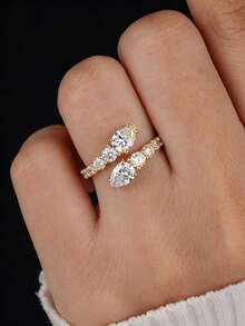 1pc Shiny Pear-Shaped Open Ring, 925 Sterling Silver, Elegant Luxurious Romantic Ladies Ring, Exquisite Unique Design, Adjustable, Suitable For Balls, Parties And Other Occasions, Delicate Jewelry Gift For Women - Pear Shaped Diamond Open Ring - View 3