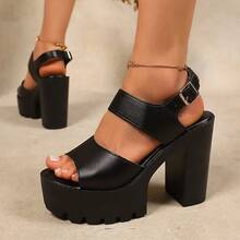 Women's Thick Platform Chunky Heel Sandals, Open Toe Ankle Strap Buckle High Heel Sandals, Fashion Versatile Summer Shoes - Black - View 13