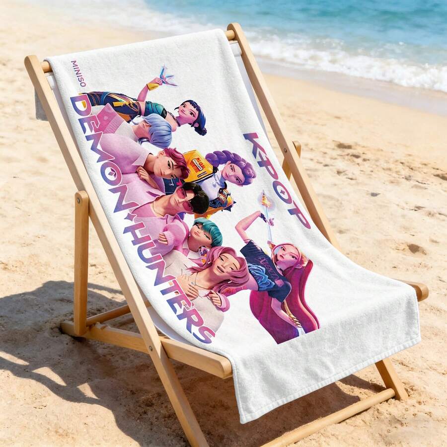 Toalla de playa suave y altamente absorbente con estampado de figura de grupo de ídolos de moda sobre base blanca - A - Ver 1