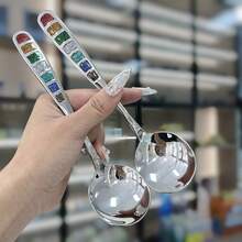 2pcs Rainbow Glitter Design Spoons, Anti-Scratch Handle, Universal Soup Spoon, Dessert Spoon, Ice Cream Spoon For Home And Restaurant - View 1