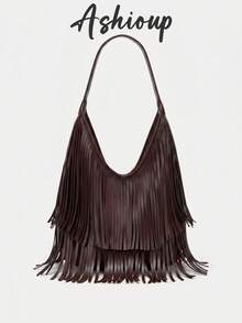 Women's Retro Suede Fringe Shoulder Bag, Crossbody Handbag With Tassel Decor - Burgundy - View 1