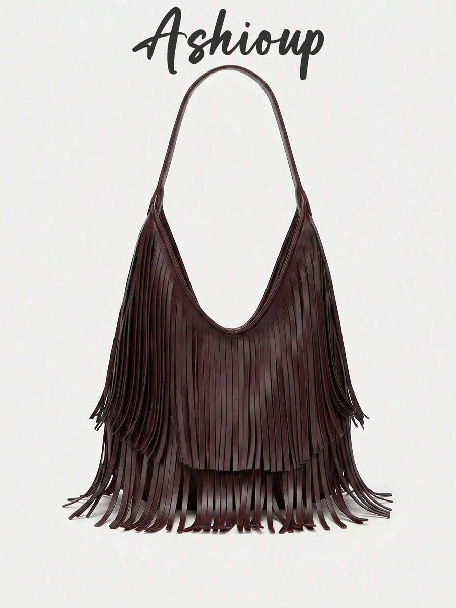 Women's Retro Suede Fringe Shoulder Bag, Crossbody Handbag With Tassel Decor - Burgundy - View 1