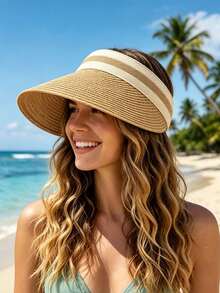 1pc Women's Straw Beach Sun Hat, Lightweight & Breathable, Suitable For Summer, Wide Brim Hat, For Beach Vacation, No Top Hat - Multicolor - View 1