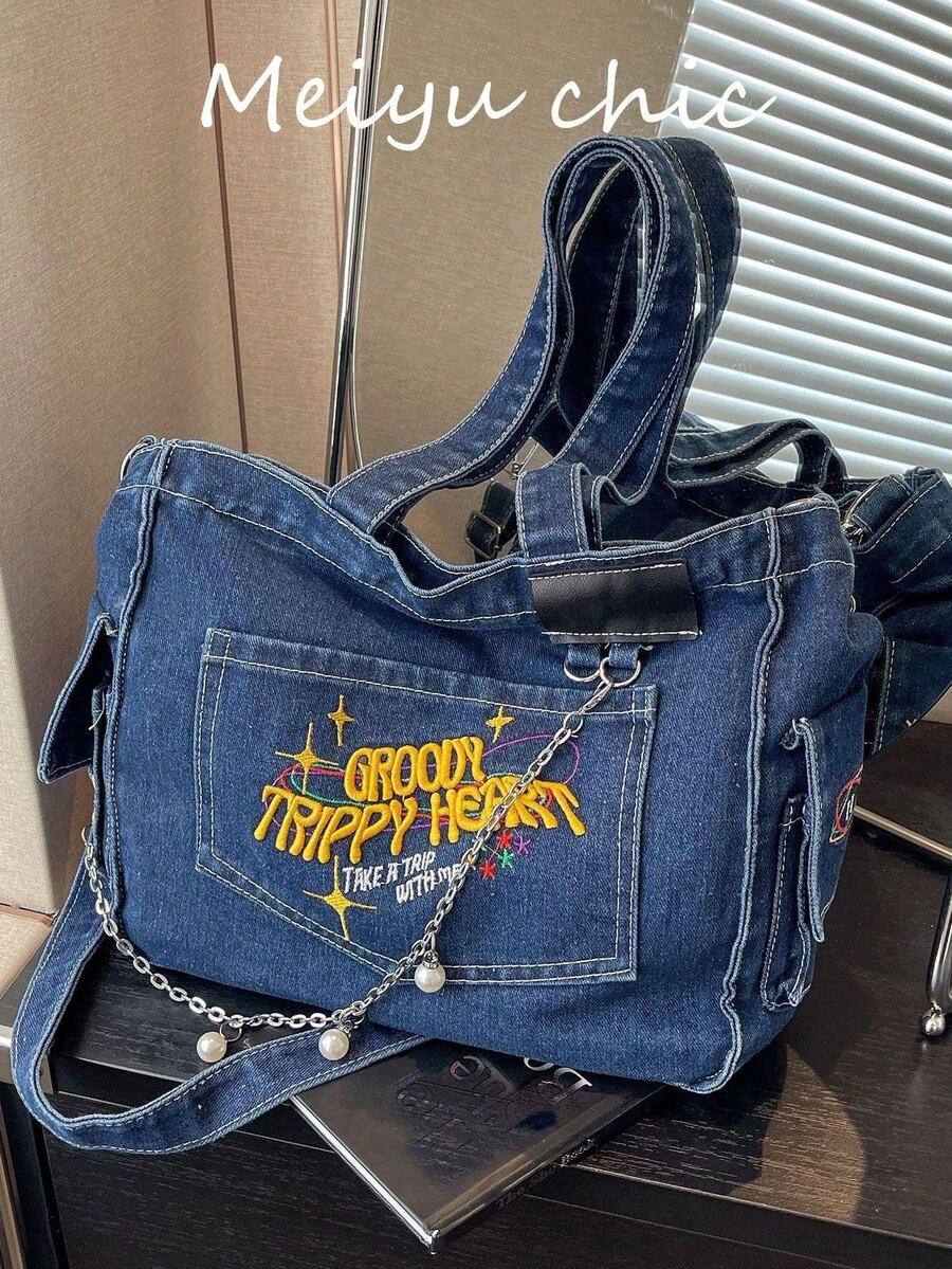 New Fashion Classic Versatile Casual Letter Pattern Decor Design, Embroidery Craft, Large Capacity Shoulder Bag Metal Chain Decor Handbag, Distressed Washed Fabric Women's Backpack, Suitable For Campus Use, Also Suitable For Commuting.