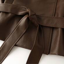 Women's Brown PU Leather Trench Coat With Belt And Double Buttons, Lapel Design, Suitable For Autumn Fashion Wear - Coffee Brown - View 8
