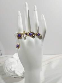 imoli 4pcs/Set Bohemian Beach Vacation Sun Moon Star Purple Faux Gemstone Sun Rhinestone Faux Amethyst Open Ring Set Stackable Rings, Perfect Gift For Travel, Friends And Besties - 32755-ring-purple-eP - View 7