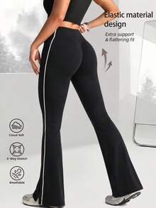 Women's High Waist Contrast Color Trim Flared Hem Pants, Tummy Control Stretchy Flare Yoga Pants, Breathable Casual Sports Trousers Black - Black - View 2