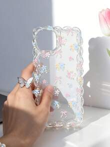 1 pieza Funda de teléfono suave transparente a prueba de golpes de silicona con lazo estilo femenino fresco, patrón floral colorido y volantes ondulados, compatible con iPhone 11/12/13/14/15/16/17 Pro Max - Multicolor - Ver 2