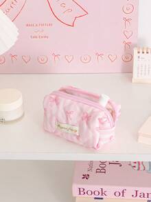 Pink Bow Cosmetics Bag Large Capacity Makeup Bag Portable Coin Wallet Zipper Coin Purse Small Items Storage Pouch Strip Pattern Lipstick Earbuds Bag - Multicolor - View 9