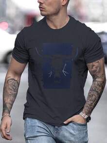Salvaje Oeste, Camiseta Gráfica de Calavera de Toro para Hombre - Cuello Redondo Casual, Manga Corta, Poliéster Transpirable - Perfecta para el Verano - Negro - Ver 8