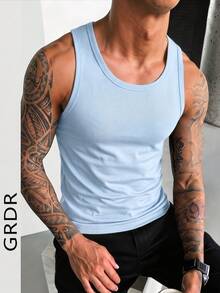 GRDR Camiseta de tirantes casual y versátil de unicolor para hombre - Celeste - Ver 2