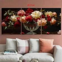 3 Stücke Set klassische Ölmalerei Windglas Vase Blumen Leinwandposter, europäischer Retro-Malstil, geeignet für Wohnzimmer Sofa Hintergrundwand, Esszimmer, Arbeitszimmer, Büro Wandkunst Dekoration optionaler Rahmen - Mehrfarbig - Übersicht 2