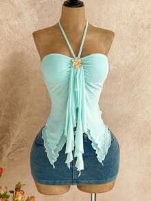 Top corto transparente de verano con cuello halter y accesorio metálico. - Marrón - Ver 10