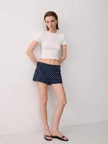 Women's Solid White Short Sleeve Basic Knit Crop T-Shirt, Soft High-Stretch Casual Minimalism Round Neck Tees For Daily Wear &Commute, Spring/ Summer - White - View 4