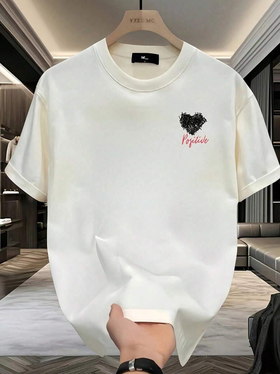 Camiseta de Algodón Puro Pesado, Estampado de Marca Moderna, Manga Corta, Talla Grande, Holgada y Versátil para Hombres, Nueva Colección de Verano - Negro - Ver 1
