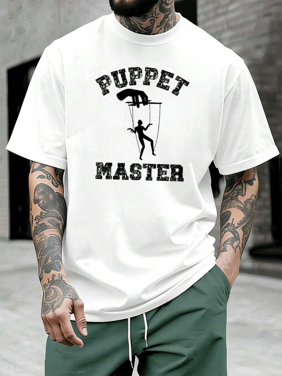 T-shirt da uomo con stampa grafica di marionette, in morbido cotone, vestibilità comoda, stile street hip-hop, confortevole, stampa di grande impatto. - Bianco - Visualizzare 1