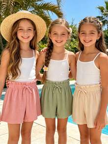 Set de 3 pantalones cortos de niña preadolescente de cintura elástica de unicolor, 100% algodón gasa doble, transpirable, con decoración de lazo dulce en la cintura, de verano - Rosa - Ver 2