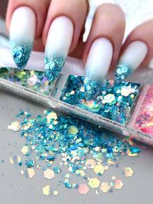 12-Grid Dreamy Iridescent Star & Heart Nail Glitter, Aurora Random Mix Heart, Star, Hexagon Nail Glitter, Laser Holographic Dopamine Nail Art Decor, Wedding Nail Supplies Nail Charms - Multicolor - View 3