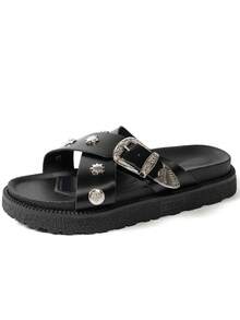 Sepatu Wanita Modis Warna Polos dengan Potongan Lebar, Sandal Gaya Punk dengan Gesper Paku Keling Logam, Sandal Selop Platform dengan Tali Silang Paku Keling Logam, Sandal Kasual Musim Panas - Hitam - View 6