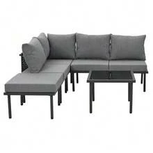 Juego de 6 tumbonas de jardín con estructura de hierro galvanizado, cuerda trenzada beige, patas ajustables y tablero de cristal liso. Incluye cojines para el asiento y el respaldo. - Gris - Ver 9