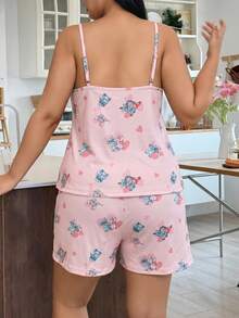 Disney Plus Size Women's Pink 2-Piece Pajama Set, Stitch Lilo & Stitch Print Halter Top And Shorts Set, Casual Loungewear - Multicolor - View 5