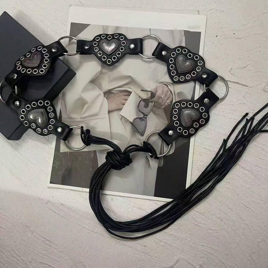 1pc PU Material Mirror Disc Rivet Lace-Up Waist Belt - Black - View 1
