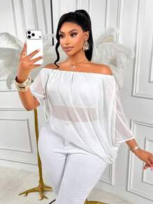AIJ Amarilo Plus Size Women White Off-Shoulder Short Sleeve Semi-Sheer Asymmetric Chiffon Top Summer - White - View 4
