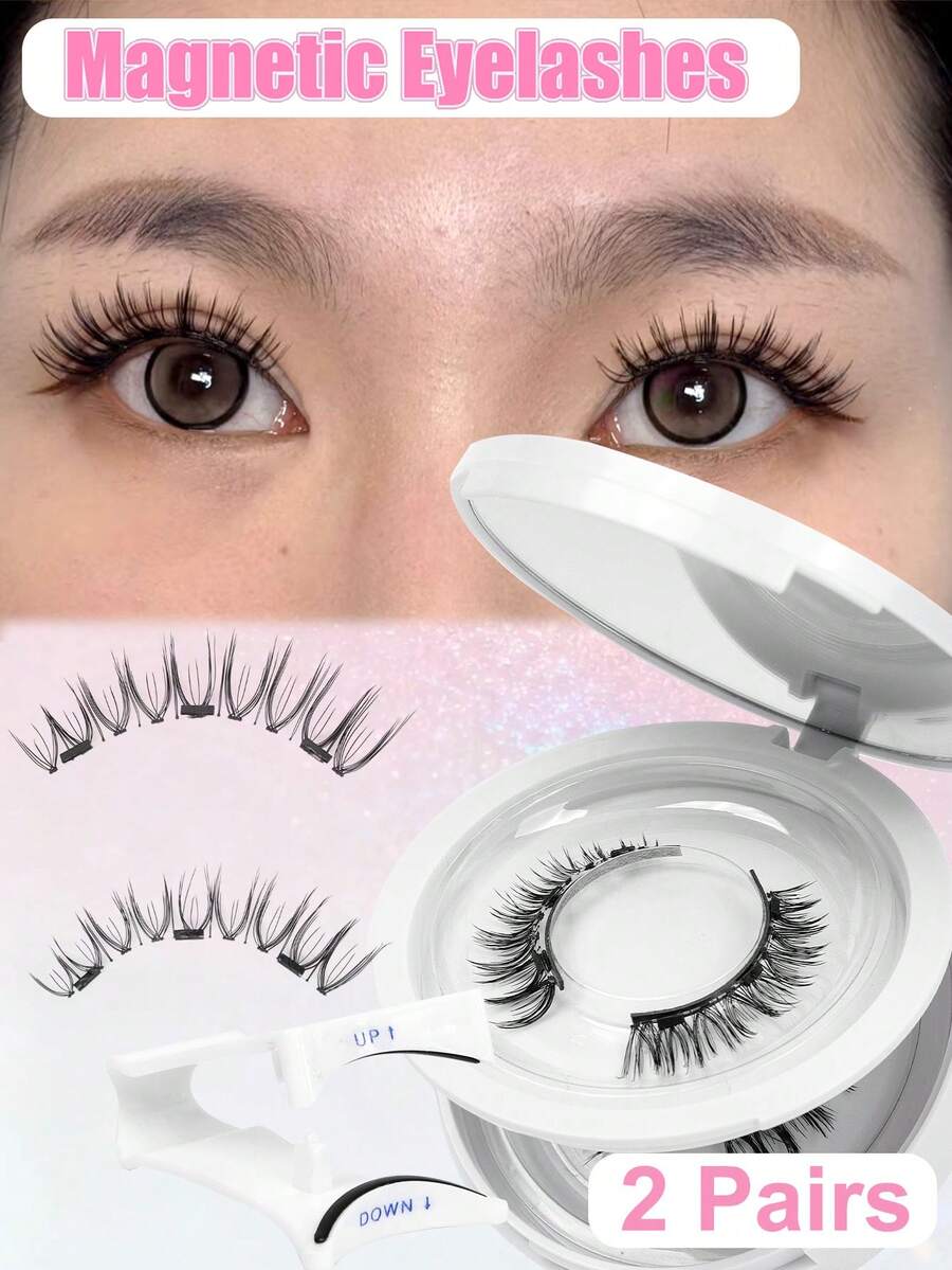 2對磁吸假睫毛組，黑色，U型交叉，卡通風，附磁吸夾，4-10mm，全新升級超隱形磁鐵，佩戴舒適，自然妝感，可重複使用，優雅美觀，易於貼敷與卸除，歐亞混血妝容亮點，捲翹放大雙眼，適合初學者/專業彩妝師，假日眼妝、夏季旅遊、海邊度假、露營等場合理想之選