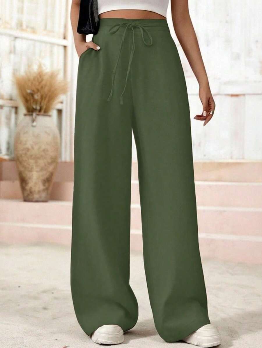 Women's Linen Palazzo Pants, Adjustable Waist With Drawstring, Side Pockets, Casual And Breathable For Vacations - 墨綠色 - 查看 1