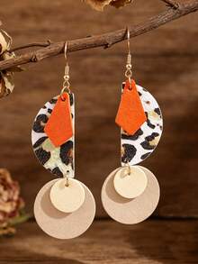 1 Pair Vintage American Hot Girl Style Colorblock Leopard Print Earrings, Semi-Circle Rhombus Patchwork Beige Double Round Disc Elegant Long Earrings - Multicolor - View 1
