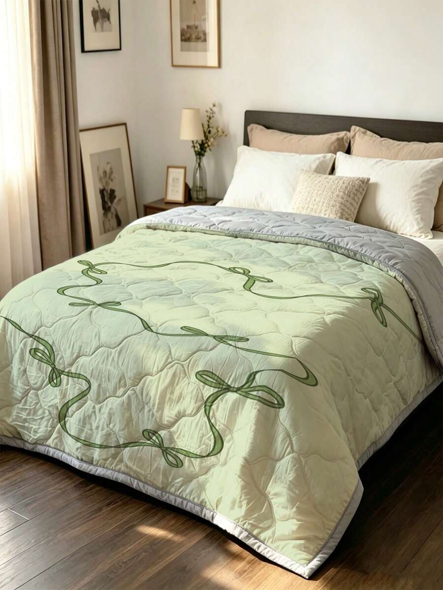 1pc Ultra Soft Cooling Blanket - Lightweight All Season Bedding, With Stylish Bow Pattern, 100% Polyester Fiber, Machine Washable Suitable For Single/Double Bed, Hotel, Camping And Home Decor, Hotel Grade Luxury Bedding|Modern Stitched Design - Green - View 1