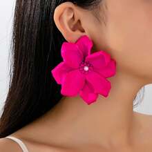 Korean Style Atmospheric Faux Flower Stud Earrings, Daily Versatile Elegant Rose Red Petal Earrings - Hot Pink - View 1
