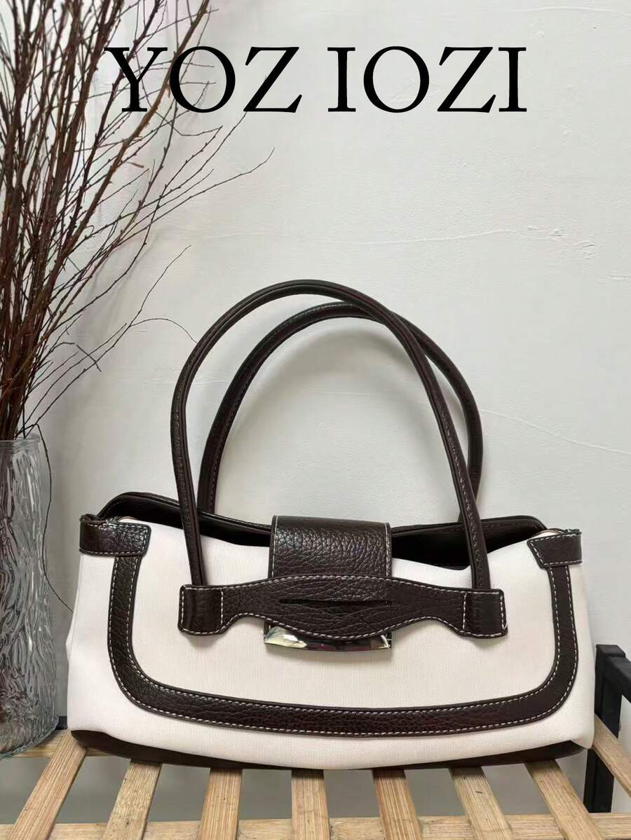 Tas Bahu Kanvas Colorblock Desain Niche Gaya Korea, Tas Tote Kain Ringan Kapasitas Besar untuk Perjalanan Singkat, Bepergian, Perjalanan Harian, Jalan-jalan, Belanja Sehari-hari, Tas Genggam untuk Wanita - Chocolate Brown - View 1