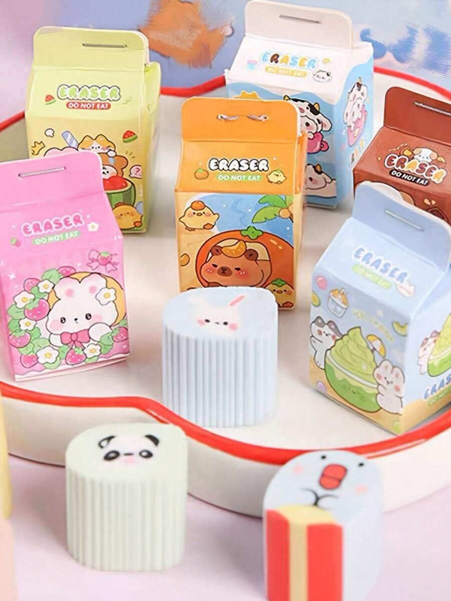 10 PCS - Surprise Fun Erasers - Cute Cartoon Milk Box Shape - Random Styles Sent - Teaching Prizes And Party Gifts, Back To School