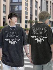 Camiseta unisex vintage lavada de gran tamaño en negro, con estampado de la leyenda DANZIG, calavera, guitarra y amplificador de Bruce. Regalo musical unisex, camiseta de verano suave con es - Negro - Ver 2