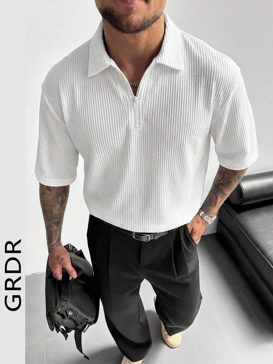 GRDR Minimalist Solid Color Short Sleeve Zip-Up Polo Shirt, Casual Men's Top - White - View 1