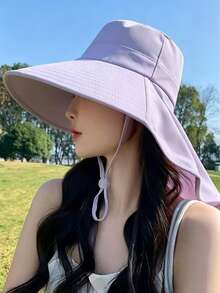 女款夏季寬邊防曬水桶帽，附馬尾孔、護頸披肩，戶外遮陽臉部防曬帽，多功能遮陽帽 - 彩色 - 查看 7