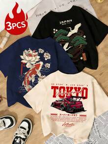 3-Piece Set Of Women's Casual Summer Round Neck Short-Sleeve Tops With Chinese Carp, Crane, And Sports Car Print, Suitable For Everyday Casual Wear - 黑色 - 查看 7